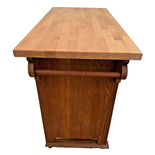 Wood Antique Mission Oak Kitchen Island Cabinet Prep Station Chop Top Open Side Shelf For Sale - Image 7 of 12
