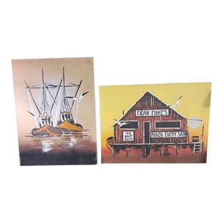 1970s Mid-Century Modern Shirley Newell Impasto Coastal Paintings - A Pair For Sale