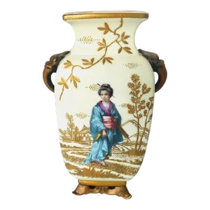 Ceramic Porcelain Asian Cream and Gold Leaf Scenic Vintage Vase