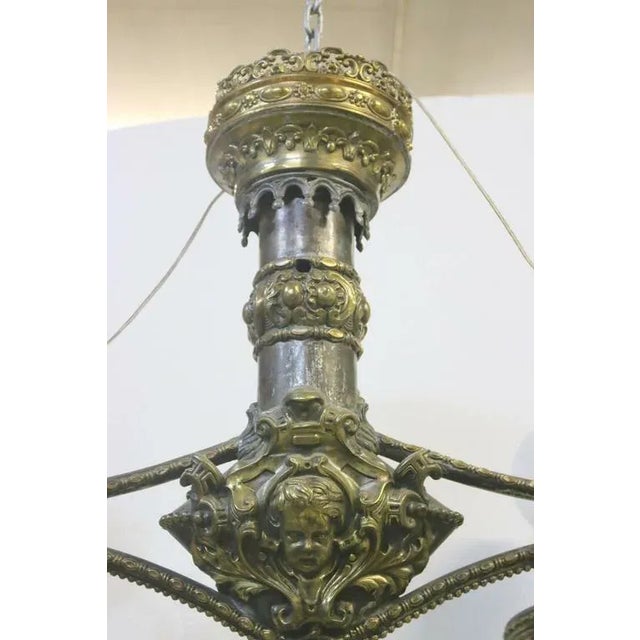 Extraordinary 19th Century Beaux Arts Four Arm Brass & Zinc Globe Light Chandelier-Stanford White Gatsby MansionStyle- 37éw. For Sale In West Palm - Image 6 of 9
