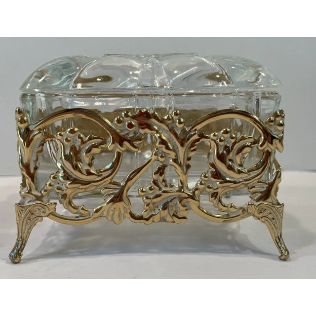 Metal Vintage Hollywood Regency Gold Metal and Glass Powder Trinket Box For Sale - Image 7 of 9