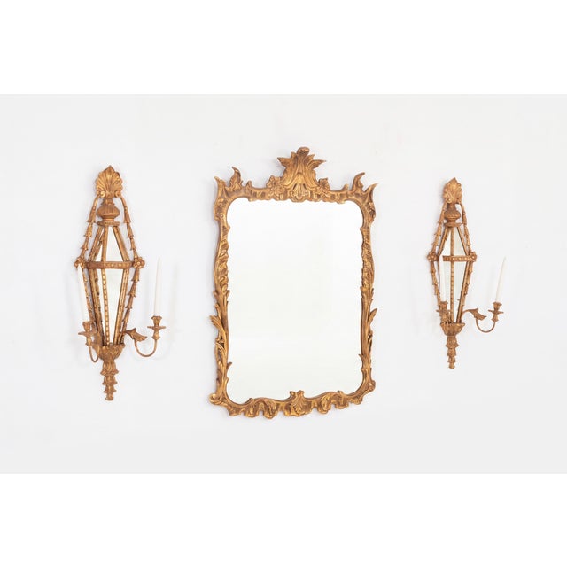 Italian Neoclassical Giltwood Mirror and Pair of Mirrored Candle Sconces, Circa 1950 For Sale - Image 4 of 13