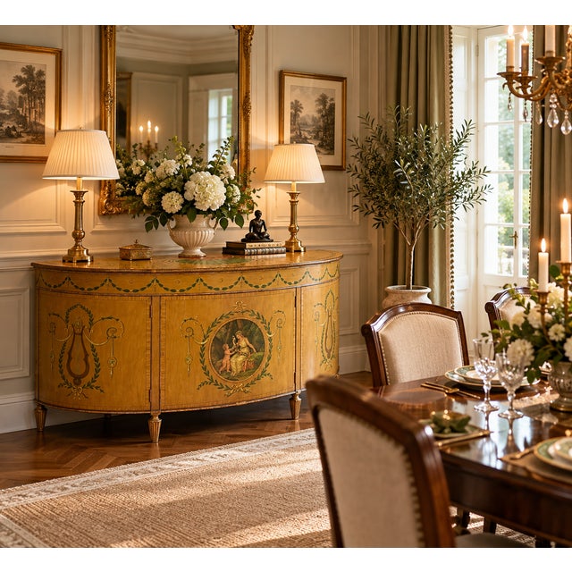 An exceptional, rare and unusually large antique georgian sheraton period satinwood hand-painted cabinet sideboard,...