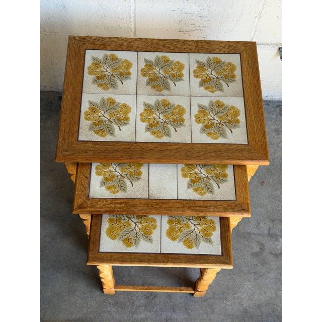 Wood Vintage Oak Tile Top Nesting Tables Set of 3 Denmark Mid-Century Modern 1970s For Sale - Image 7 of 9