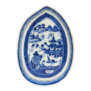 Antique Chinese Export Blue & White Canton Porcelain Leaf Dish or Vide Poche