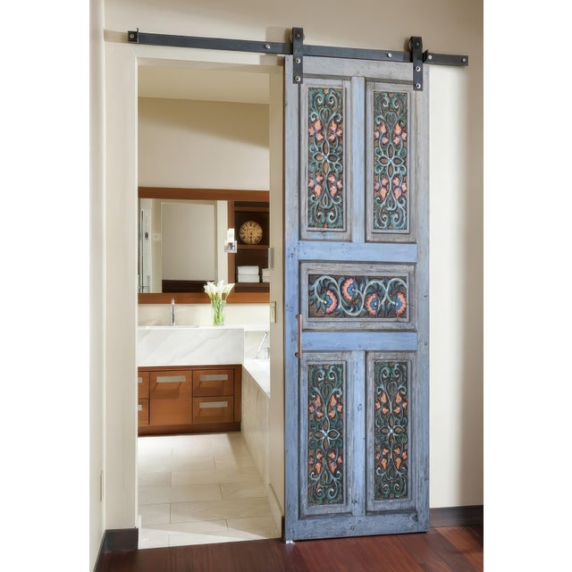 Mediterranean Hand-Carved Door in Distressed Blue With Ornate Floral Panels Custom Size Interior/Exterior For Sale - Image 17 of 18