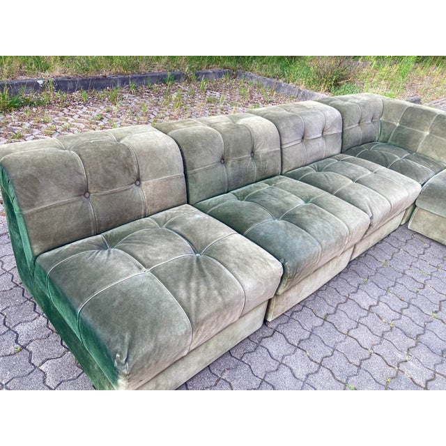 Vintage 1970s Modular Tufted Suede Leather Sofa in Green Authentic 1970s modular sofa upholstered in green tufted suede...