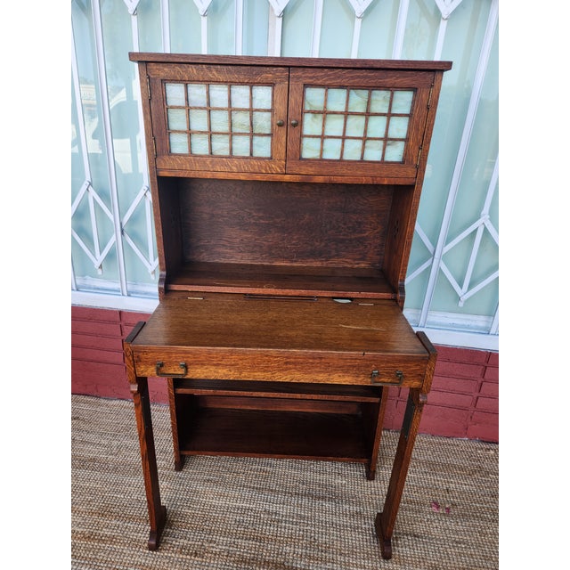 Antique Mission Style Wood Secretary Desk Hutch Stained Glass For Sale - Image 10 of 12