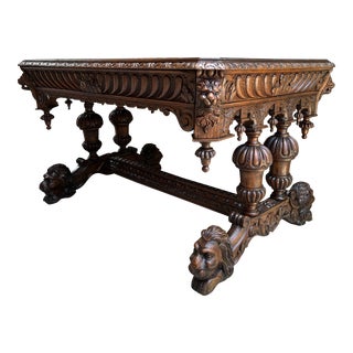 19th Century French Carved Lion Library Table Desk Renaissance Gothic Large Oak For Sale