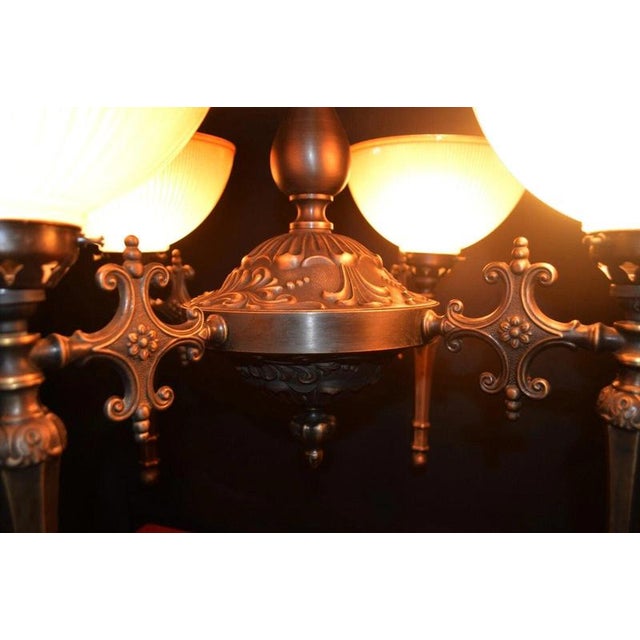 Mid-Century Modern Four-Light Bronze Chandelier with Holophane Prismatic Glass Shades, 1950s For Sale - Image 3 of 18