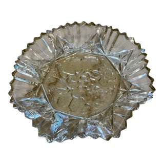 Vintage Clear Pressed Glass Fruit Bowl Embossed Grapes Sawtooth Rim 10" For Sale