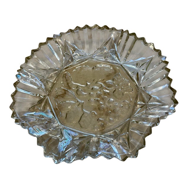 Vintage Clear Pressed Glass Fruit Bowl Embossed Grapes Sawtooth Rim 10" For Sale