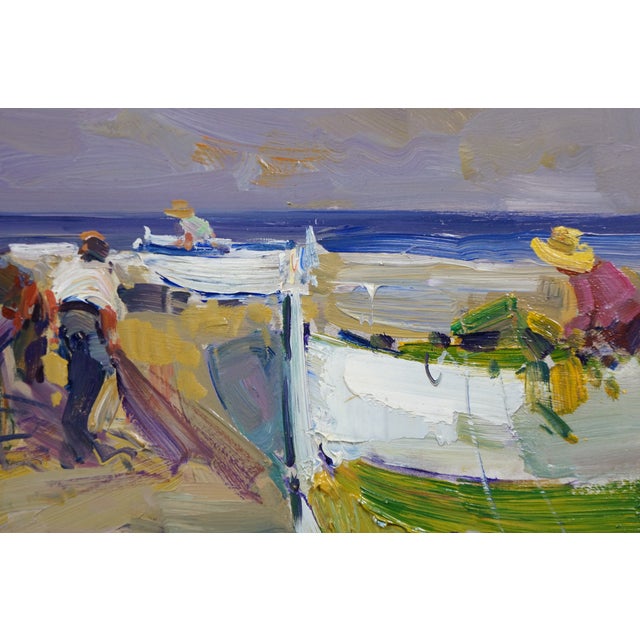 Brass Ventura Diaz ''Fisherman' Oil Painting Impressionist Seascape Beach Canvas 35" For Sale - Image 8 of 13