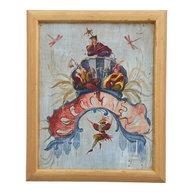 Fine French Chinoiserie Chic Figurative Whimsical Oil on Wood Painting in Gilt Frame For Sale