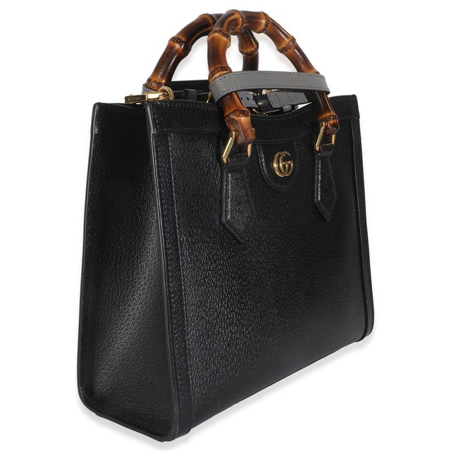 Contemporary Black Dusty Grey Textured Dollar Calfskin Web Small Diana Tote For Sale - Image 3 of 9