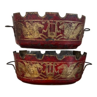 Antique 19th Century French Empire Tole Monteiths or Cachepot Jardinieres With Neoclassical Winged Horses or Pegasus & Lyres Circa 1820 - A Pair For Sale