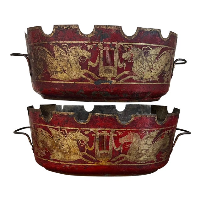 Antique 19th Century French Empire Tole Monteiths or Cachepot Jardinieres With Neoclassical Winged Horses or Pegasus & Lyres Circa 1820 - A Pair For Sale