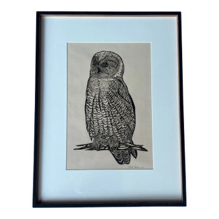 Owl Woodblock Letterpress Print Signed by Susan Acker, C. 1975 For Sale