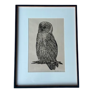 Owl Woodblock Letterpress Print Signed by Susan Acker, C. 1975