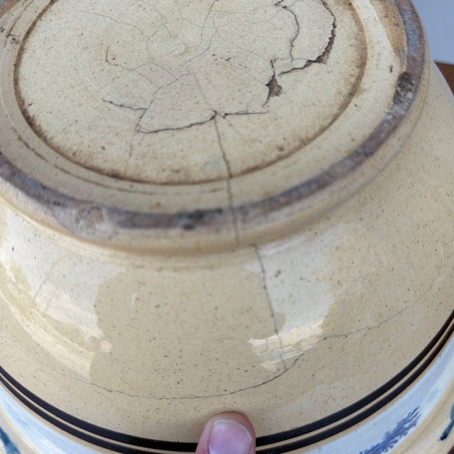 Antique English Yellowware Mixing Bowl With Blue Seaweed Decoration, Circa 1840s For Sale - Image 9 of 12