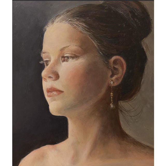 Catherine by Katalin Studlik | Acrylic on board portrait of a young woman with earrings For Sale
