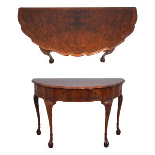 Vintage Burl Walnut George II 1 Drawer Console Table For Sale
