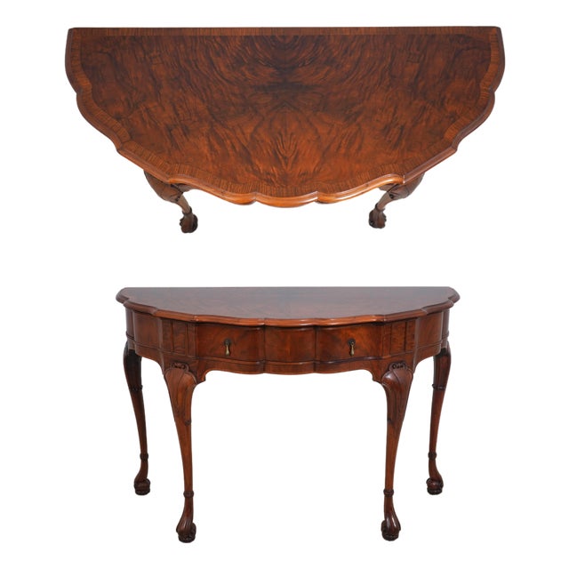 Vintage Burl Walnut George II 1 Drawer Console Table For Sale
