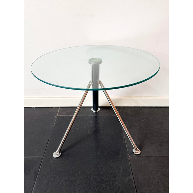 Metal Vintage Modern Minimalist Round Glass Side Table with Sculptural Chrome Base, 1990s For Sale - Image 7 of 15