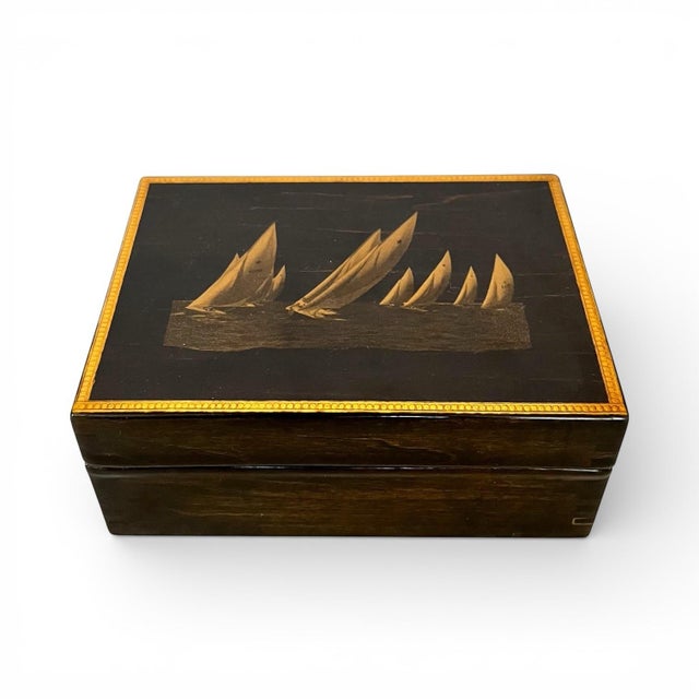 Vintage Ebonized Wood Sailboat Box With Gold Accents For Sale - Image 4 of 6