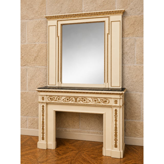 Cream Louis XVI Style Fireplace with Overmantel in Lacquered Wood with Gilt Highlights For Sale - Image 8 of 8
