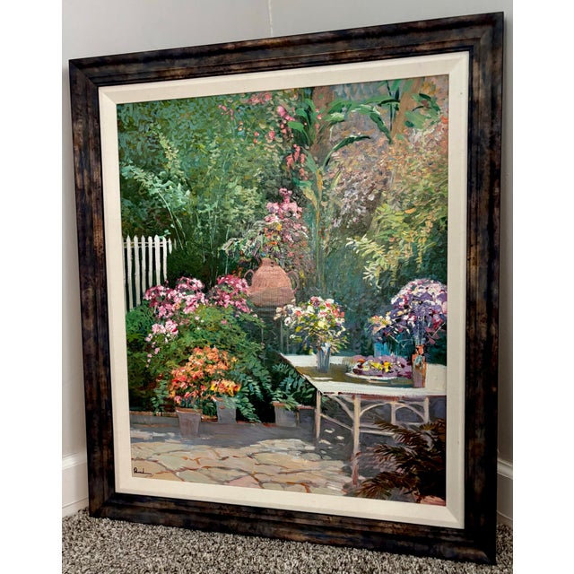 Late 20th century large contemporary botanical garden oil painting. The dark bronze-toned frame allows the variety of...