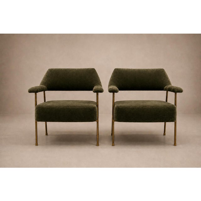 Olive Brazilian Modern Pair of Armchairs in Aged Brass & Olive Green Mohair by Joaquim Tenreiro, 1950s For Sale - Image 8 of 17