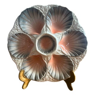 Mid-Century French Oyster Plate with Pink and Grey Shell Relief from Sarreguemines, 1930s For Sale