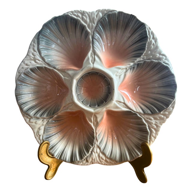 Mid-Century French Oyster Plate with Pink and Grey Shell Relief from Sarreguemines, 1930s For Sale