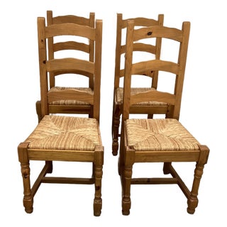 French Vintage Pine Rush-Seat Tall Back Chairs For Sale