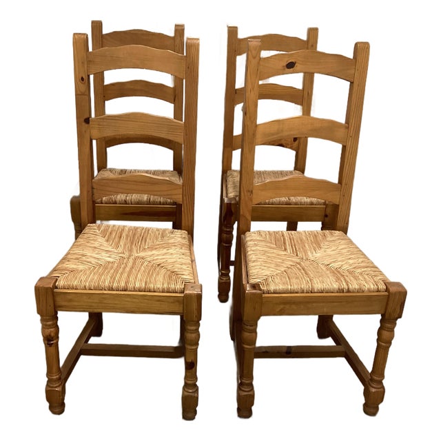 French Vintage Pine Rush-Seat Tall Back Chairs For Sale
