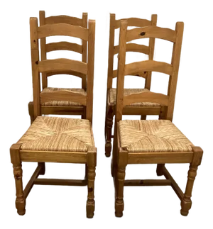 French Vintage Pine Rush-Seat Tall Back Chairs
