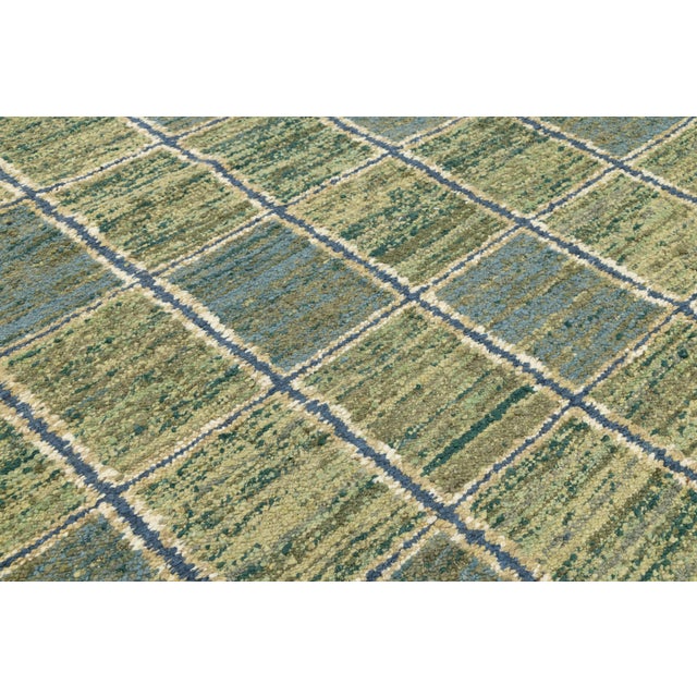 Modern Swedish-Style Flatweave Wool Rug – Moss Green & Slate Blue Geometric Grid For Sale - Image 10 of 10