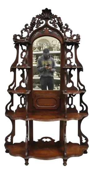 Antique Victorian Rococo Grapevine Carved Walnut Etagere Curio Shelf W/ Mirror