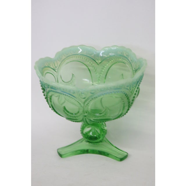 Glass Jefferson Glass Beaded Fleur De Lis Green Opalescent Candy Compote Bowl 4568b For Sale - Image 7 of 18