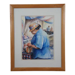 1990s Shopping at Haymarket Square by Sandi Olson Watercolor on Paper Boston Mass 22"