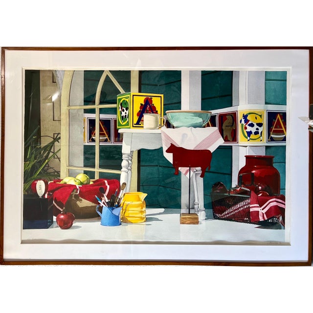 Paint Michael Beck, Large Photo Realist Pop Art Watercolor Painting Children's Toys Teddy Bear Block, 1986 For Sale - Image 7 of 18