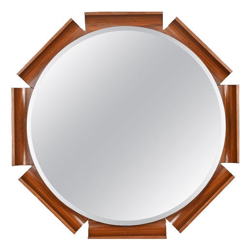 Italian Curved Teak Backlit Bevel Mirror by ISA Bergamo, 1968 For Sale