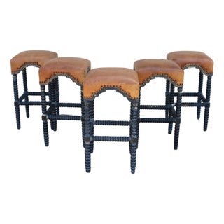 Set of 5 Vintage Leather Bar Stools With Spindle Legs & Nailhead Trim | Spanish Revival / Mediterranean Style For Sale