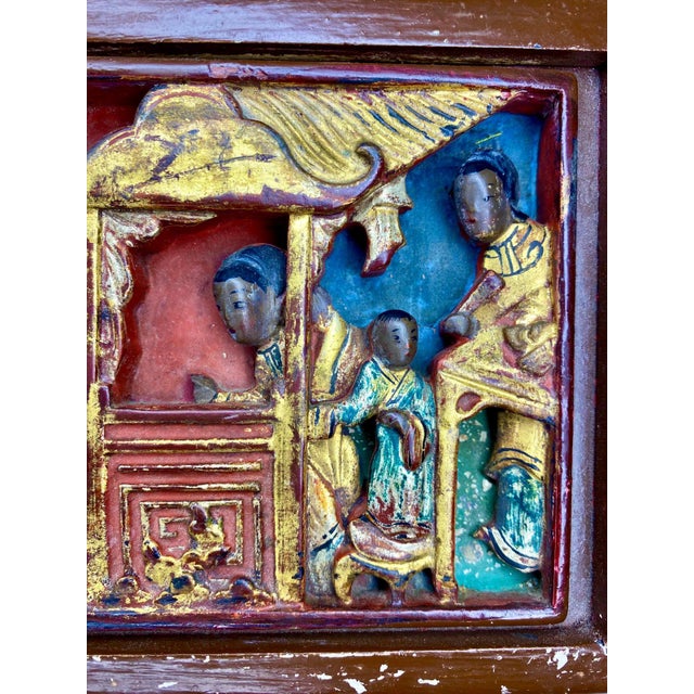 Rare Set of 3 Antique Chinese Gilt Wood Carved Panels | Qing Dynasty Chinoiserie Wall Art For Sale - Image 16 of 17