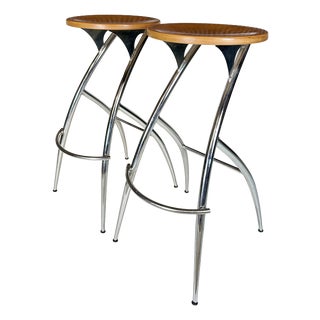Postmodern Chromed Steel and Beech Bar Stools, Italy, 1990s, Set of 2 For Sale
