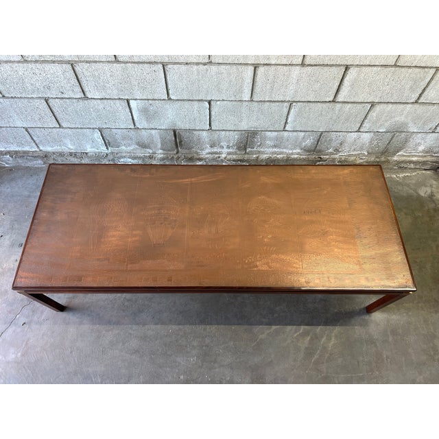 Striking Danish Mid-Century Modern Rosewood Coffee Table With Etched Copper Top For Sale - Image 9 of 12