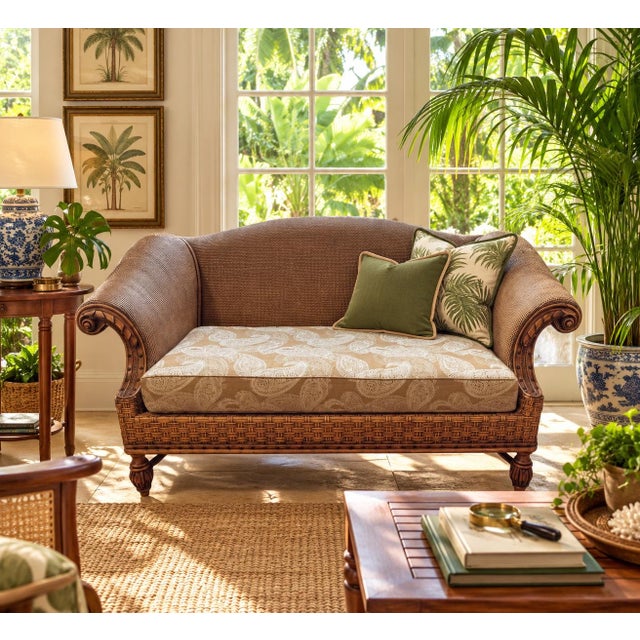 Striking late-20th-century British Colonial-style woven rattan loveseat featuring an exceptionally detailed sculptural...