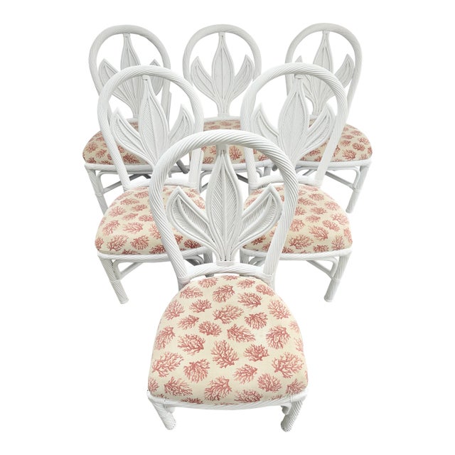 Vintage Palm Beach Regency Braided Rattan Dining Chairs With Palm Leaf Motif - Newly Painted - Set of 6 For Sale