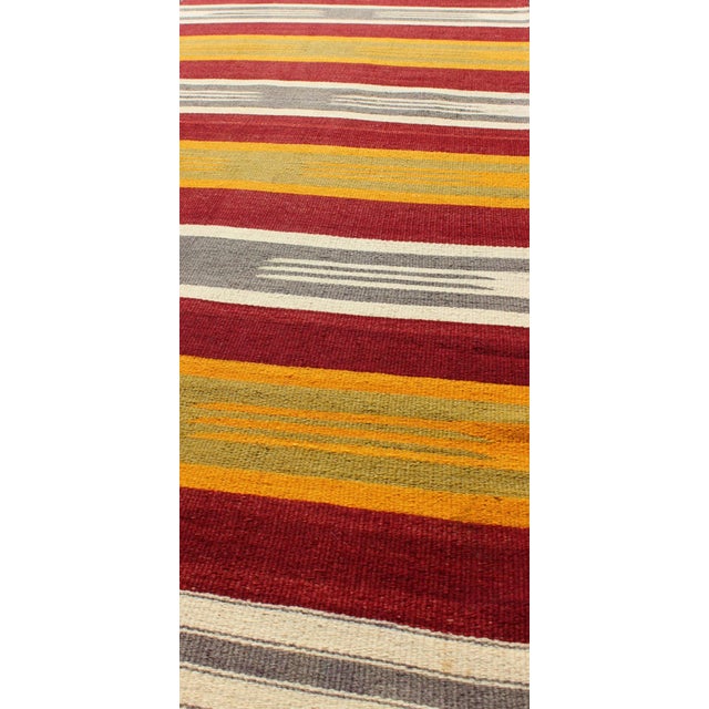 Mid 20th Century Mid 20th Century Vintage Turkish Kilim Runner With Stripes in Red Green Yellow Ivory and Gray For Sale In Atlanta - Image 6 of 8